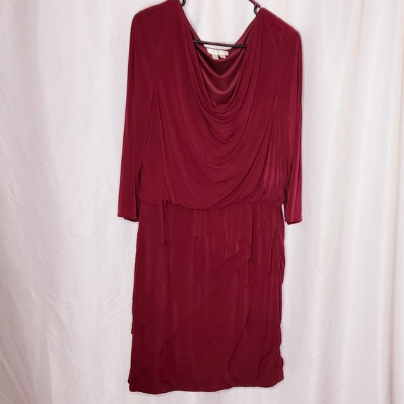 Dressy Dress 3/4 sleeved Cowl Neck Layered Burgundy Stretch Comfortable - Picture 5 of 8